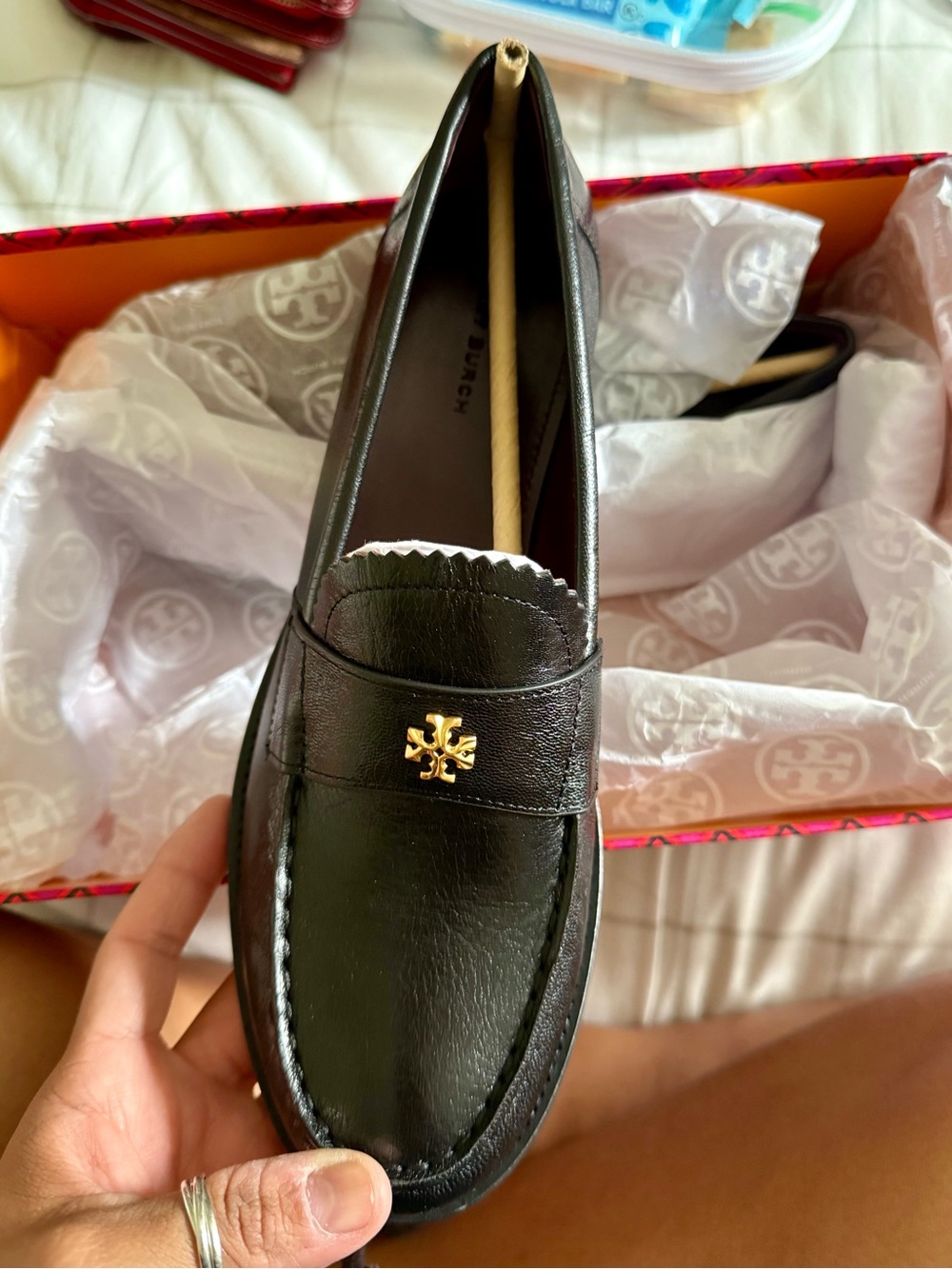 Tory Burch Black Leather Penny Loafer with Gold Emblem